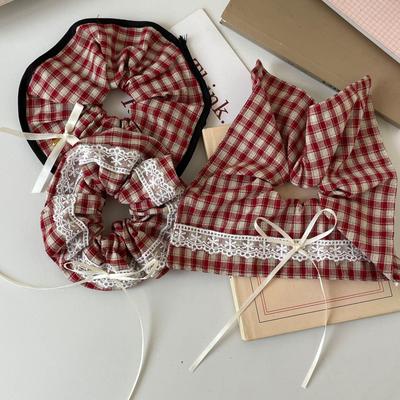 Elegant French Plaid Lace Bow Hair Scarf with Elastic Band