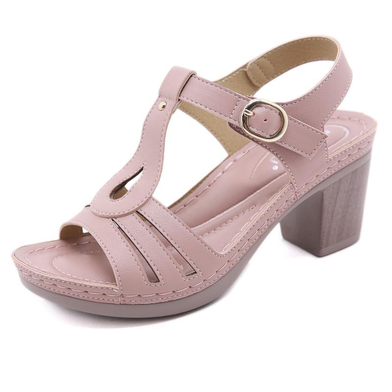 Europe and the United States Sandals Female Metal Buckle Stitching Sandals Thick High Heel Comfortable Large Size Sandals