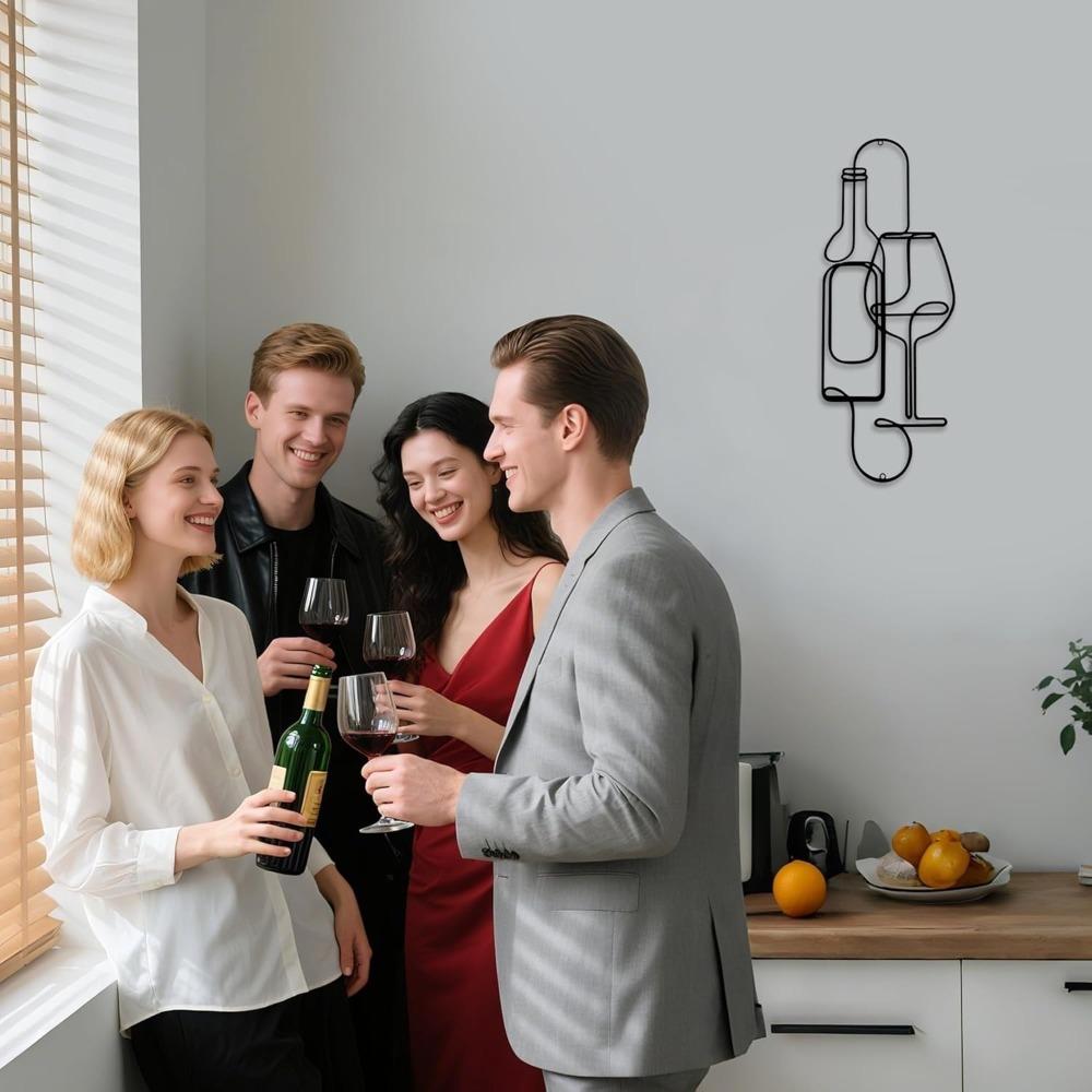 Minimalistische Lijntekening Metaal Wanddecoratie Wijnflessen Glas Zwart Modern Bar Keuken Huis Kunst 15,75x5,98 Inch