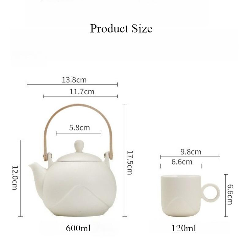 Modern Chinese Tea Set, 600ml Ceramic Beam Teapot with Stainless Steel Infuser and 6 Cups, Bamboo Handle Matte Teapots Hot Tea for Home Party