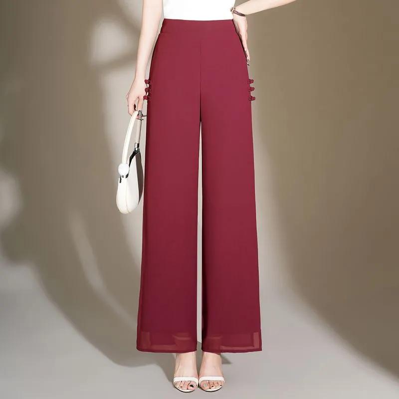 Chiffon Wide-leg Women Summer Thin High Waist Loose Tall Trousers Folded Chinese Style Pants Slit Straight Pants
