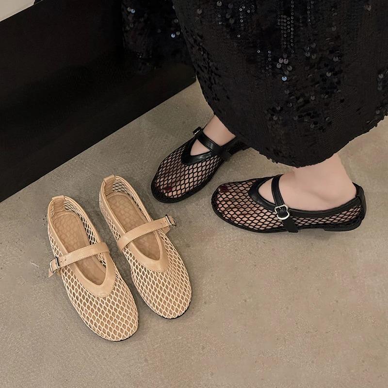 Women's Casual Comfortable Mary Jane Shoes 2025 Summer Round Toe Straight Buckle Cut-out Fishnet Flats for Outdoor & Daily Use