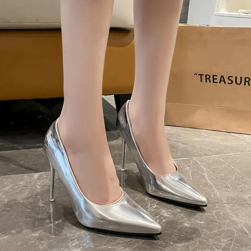 

Женские туфли на высоком каблуке с острым носком, неглубокие, модные, сексуальные, для платья, для ходьбы, 2024, осень, дизайнерские, лодочки, для вечеринки, женские, zapatos 34 серебряный