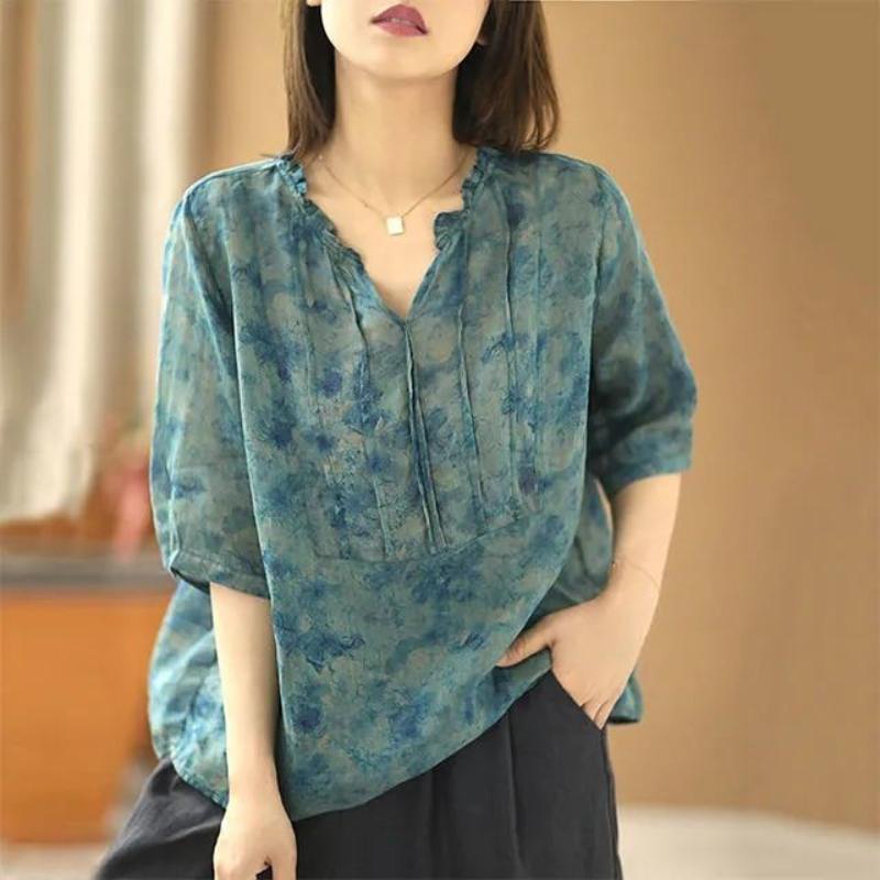 Women s Cotton Printed Blouse V Neck Ruffle Trim 3/4 Sleeve Casual Loose Fit Shirt L синий