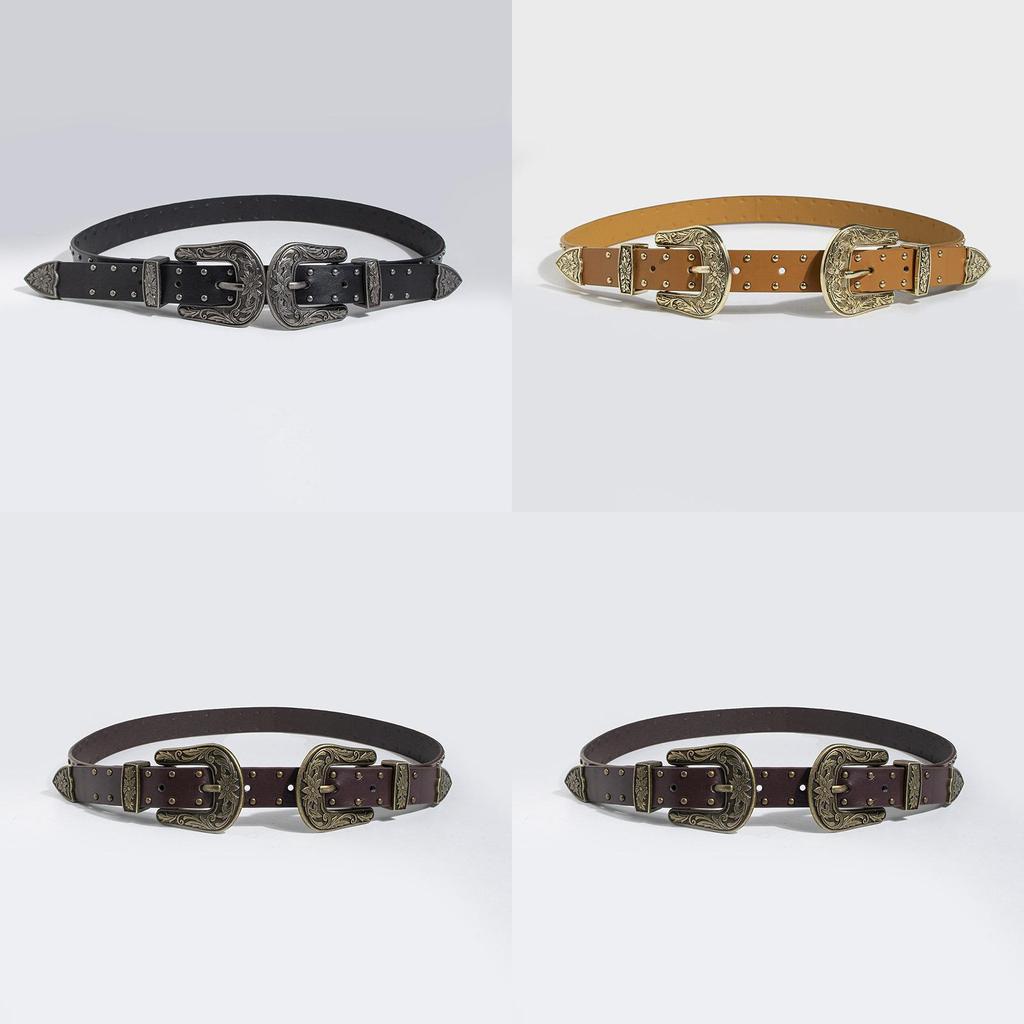 Bohemian Female Leather Belt With Retro Double Buckle And Alloy Clasp For Casual Wear