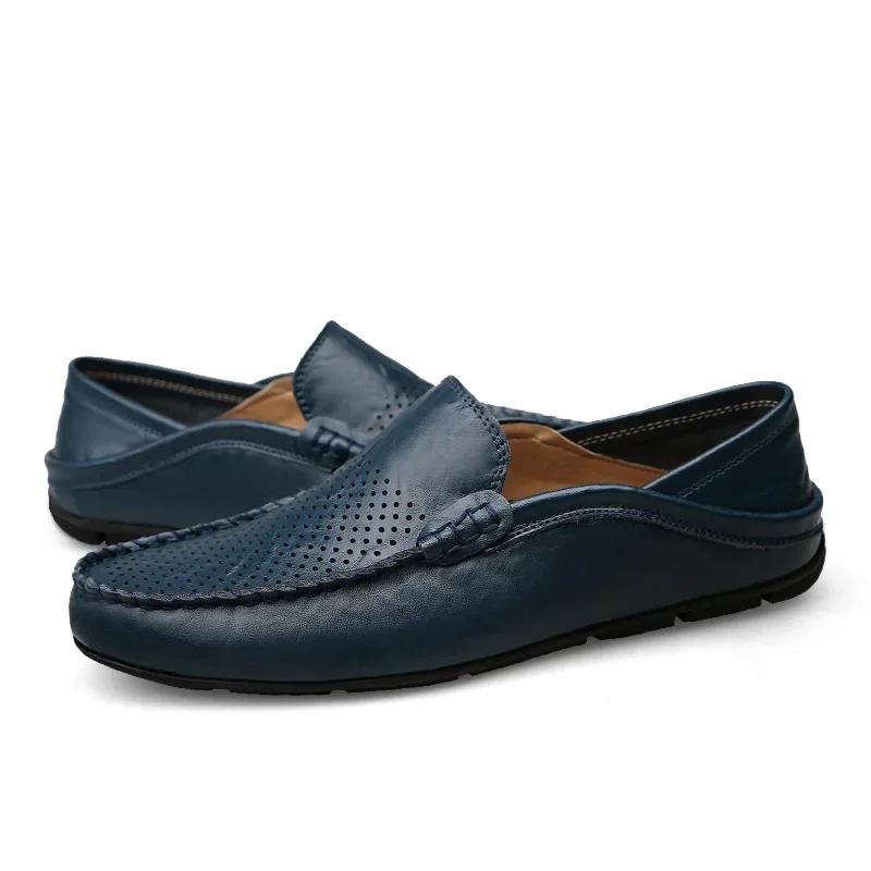 Italian Summer Hollow Shoes Men Casual Luxury Brand Genuine Leather Loafers Men Breathable Boat Shoes Slip On Moccasins
