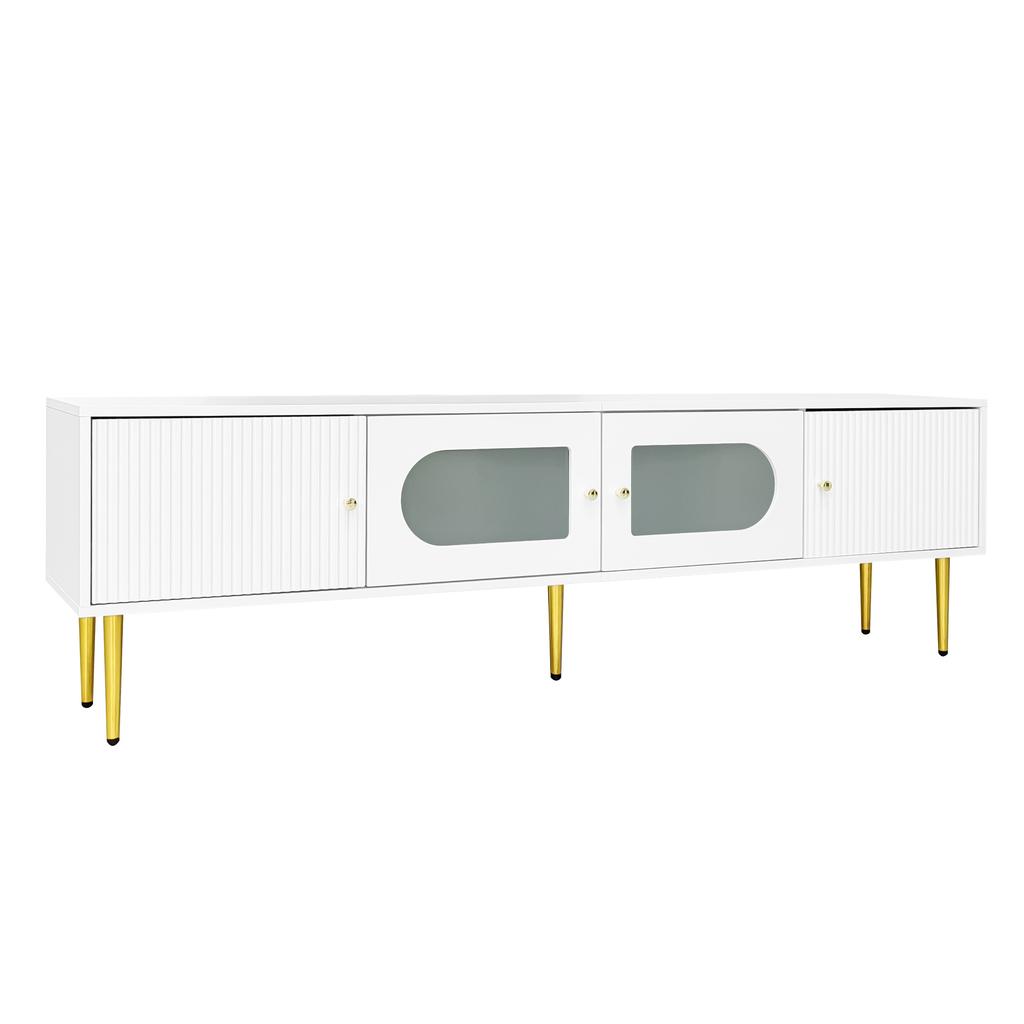 Elegant 170*35*50cm TV Cabinet – White Body with Golden Legs and Handles, 2 Doors with Vertical Grooves, 2 Doors with Arched Glass, 35KG Load Capacity