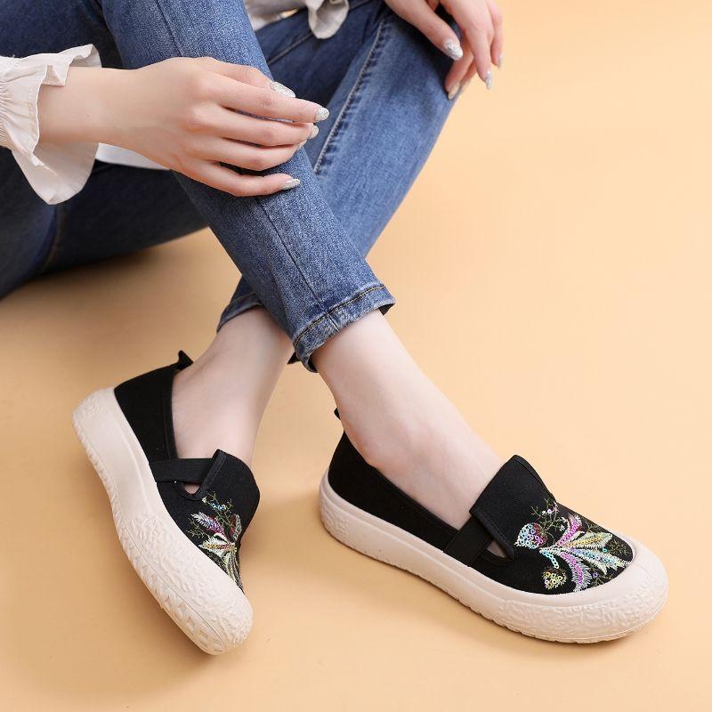 Sommer Neue Ländlicher Stil Damen Schuhe Bestickte Stoffschuhe Einschlupf Leinwand Student Vielseitig Atmungsaktiv Fischer Schuhe