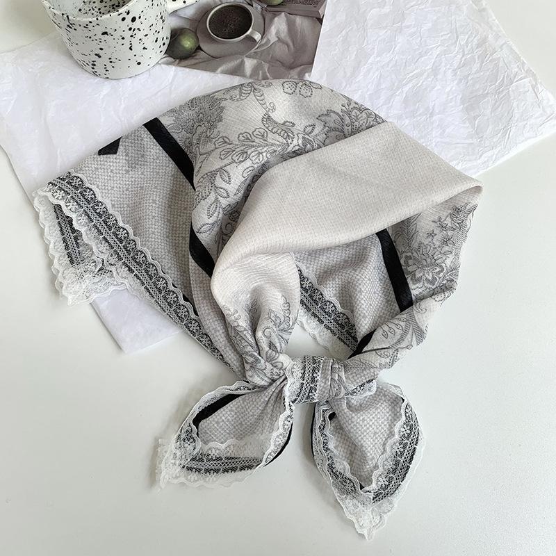 Silk Scarf Neck Small Square Scarf Lace Striped Cashew Nut Silk Scarf Spring and Summer Light Headscarf Headband Decorative Scarf