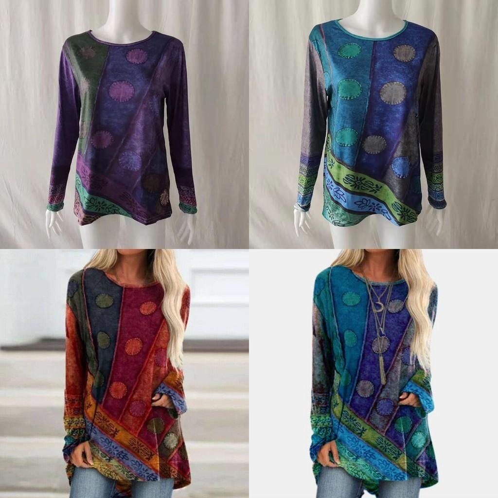 Dámské Hippie Boho Topy s Dlouhým Rukávem ve Velkých Velikostech z Měkkého Materiálu s Květinovým Vzorem