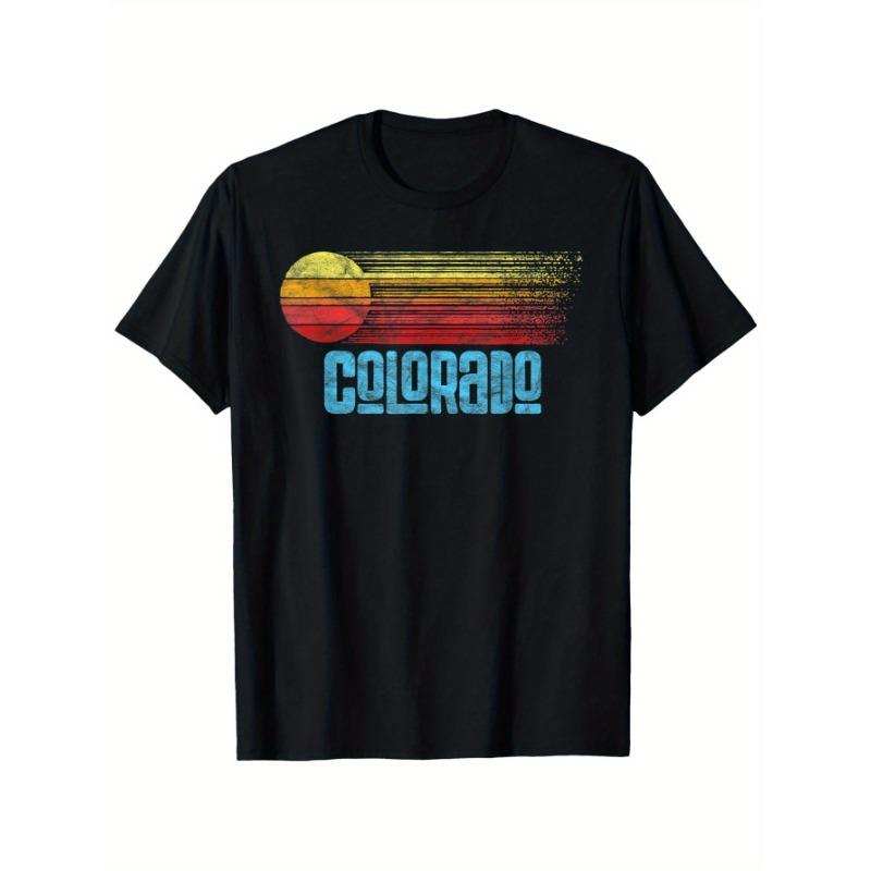 Mens Retro Colorado Pattern Tshirt Ruined Retro Multi Color Sunset and State Letter Casual Round Neck Short Sleeve Tshirt