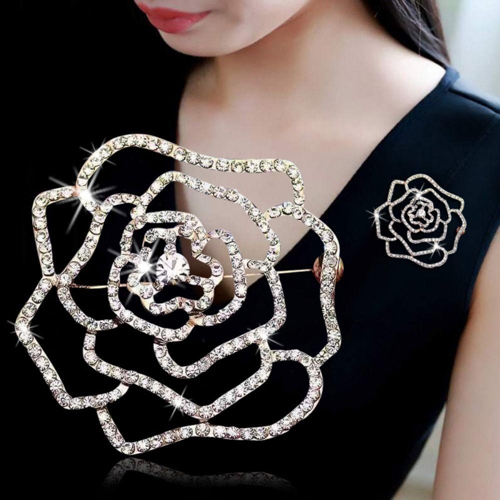 Badge Hollow Camellia Brooch Korean Style Rhinestone Brooch Temperament Suit Collar Pin  Decoration