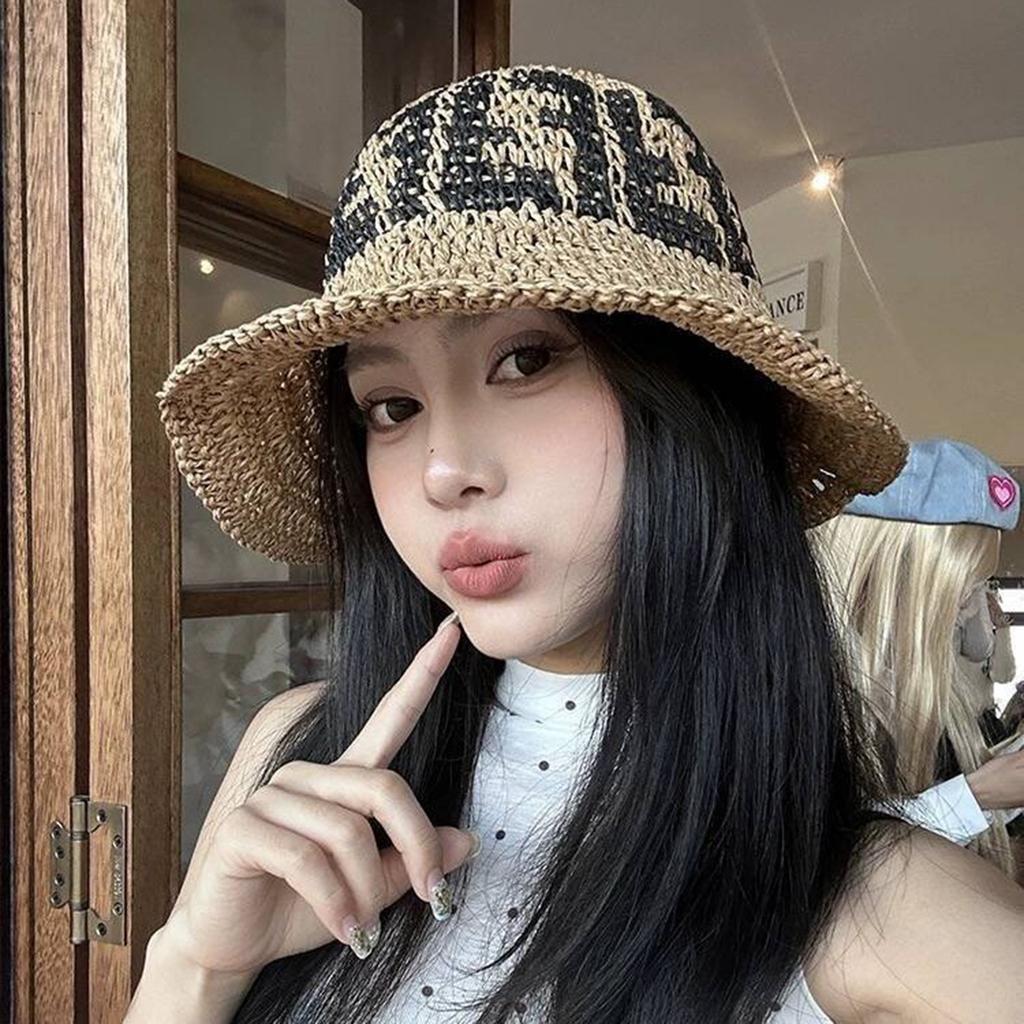 Handcrafted Crochet Fisherman Hat Embroidered Letters Wide Brim Foldable Breathable Straw Sun Hat For Beach Vacation Outdoor Activities