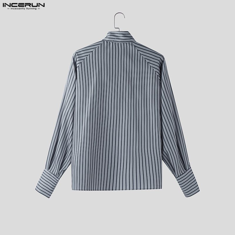 INCERUN Elegant Men Flower Tie Up Neck Long Sleeve Striped Casual Shirts Tops