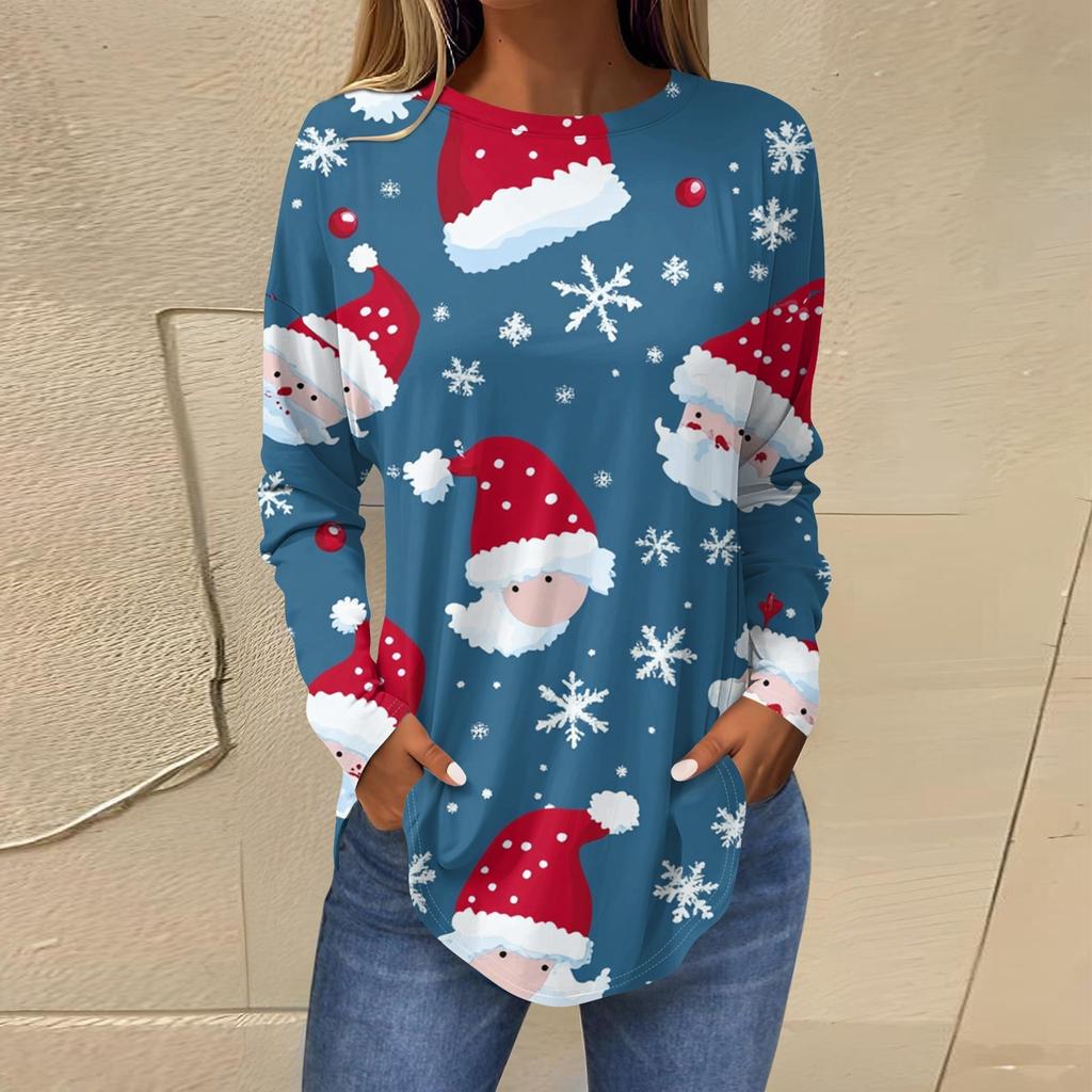 3D Gradient Color Christmas Tree Print Round Neck Long-sleeved T-shirt Casual Long-sleeved Top