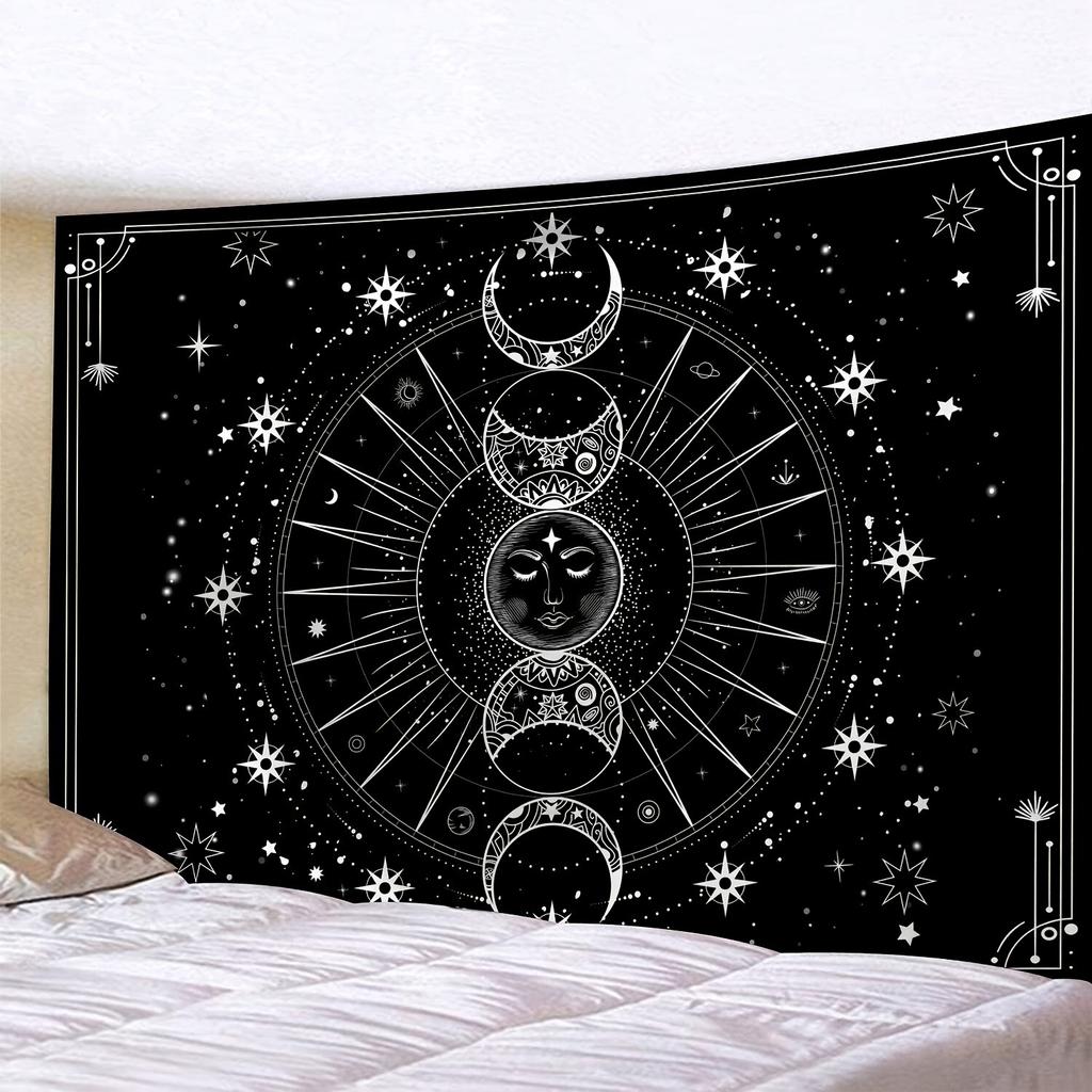 Mysterious Sun & Moon Tapestry Wall Hanging - Black & White Astrology Chart Decor, Suitable for Living Room/Bedroom