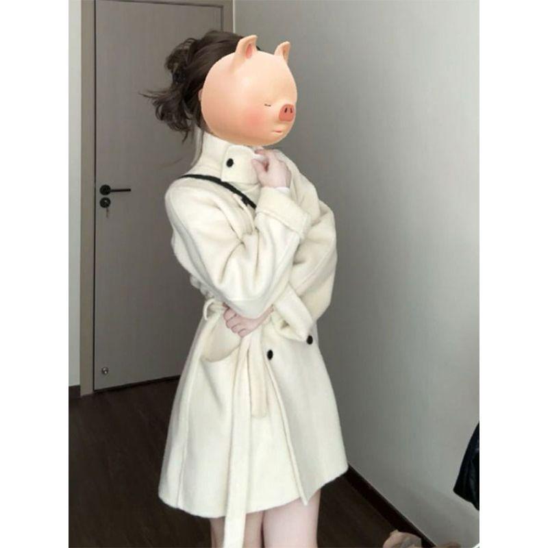 Elegant Korean Stand Collar Wool Coat: Autumn/Winter Petite Women s Cinched Waist Windbreaker Extra Large белый