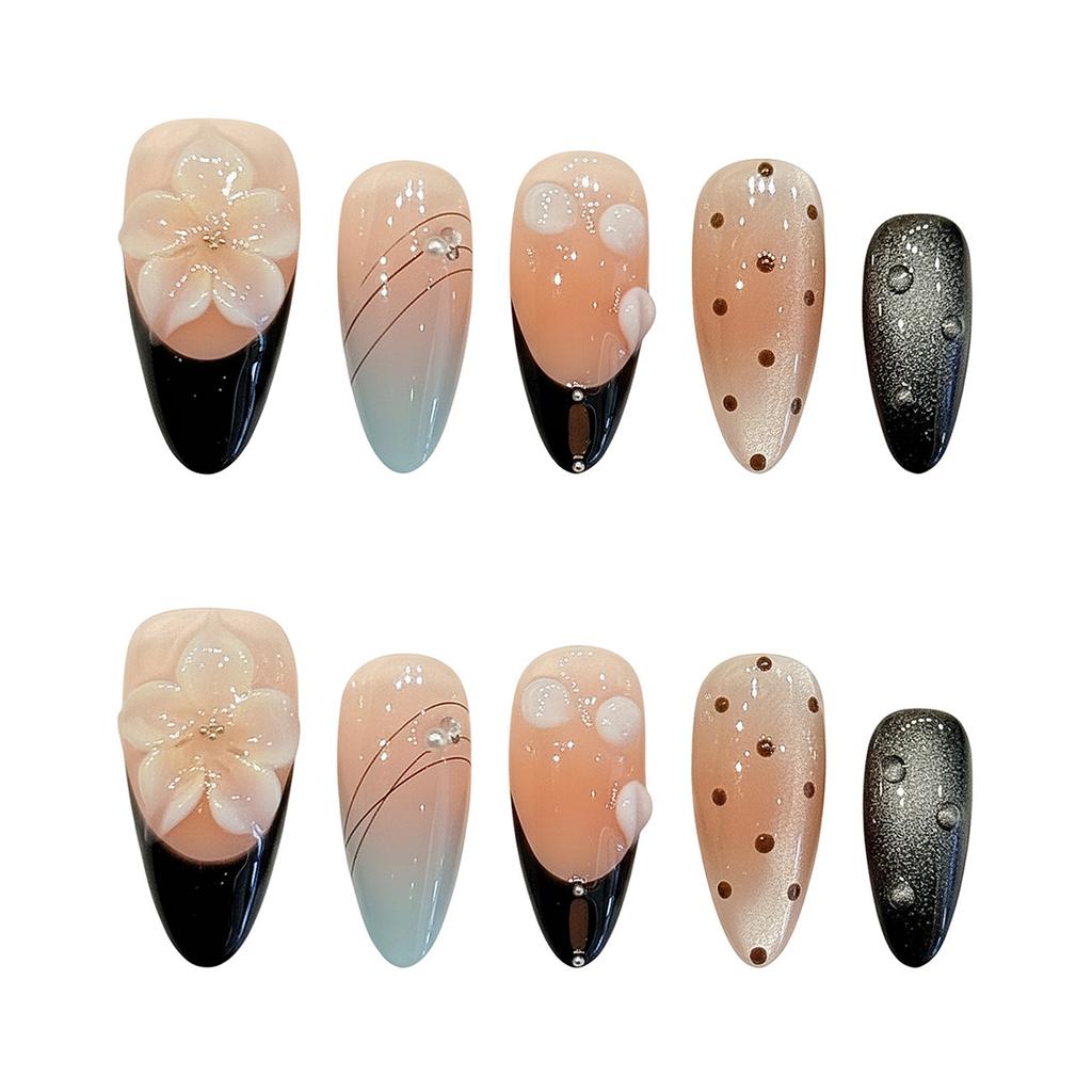 10Pcs Handmade Fake Nails With 3D Carved Petals Decor Almond Press On Nails Manicure Tool For Woman Detachable False Nails