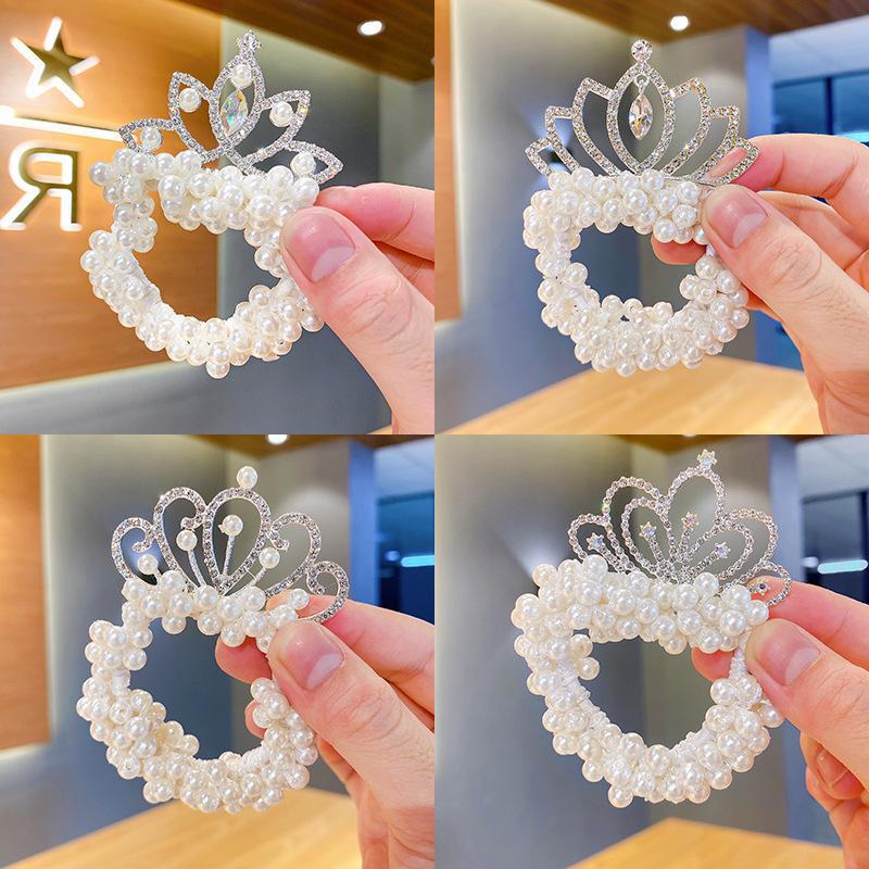 Kids Cute Elastic Hair Bands Princess Pearl Crown  Children Hair Ties Girls Hair Accessories Baby Headwear