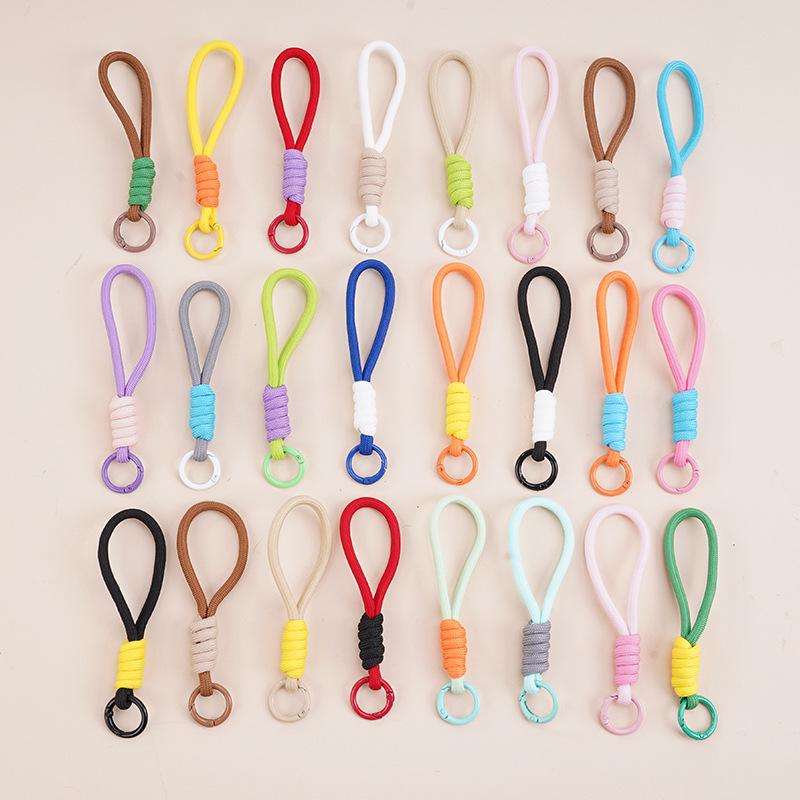 Multifunctional Color Block Woven Lanyard Keychain with Cartoon Plush Bag and Perler Bead Pendant