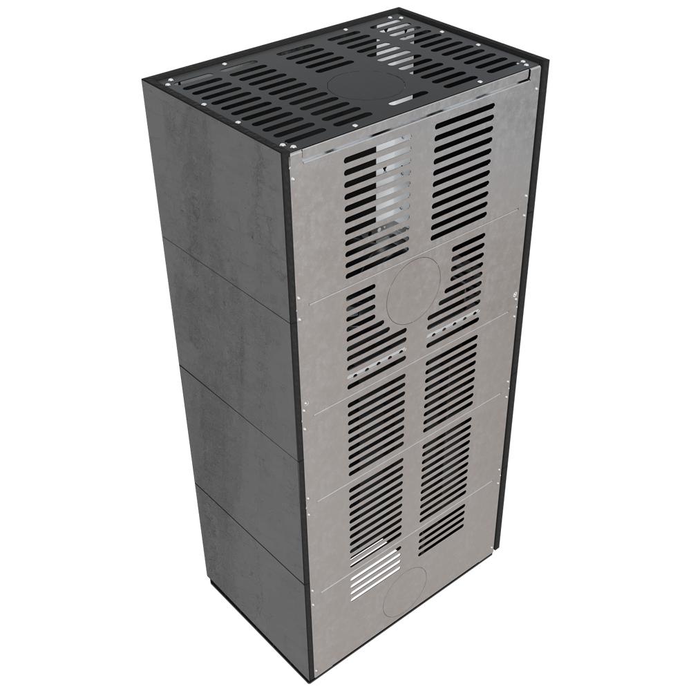 Modular fireplace KRATKI FLOKI BOX right 8 kW Ø 160 quartz sinter NATURALI PIETRA DI SAVOIA ANTRANCITE BOCCIARDATA black thermotec