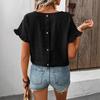 Women Summer Ruffles Short Sleeve O Neck Back Button Solid Color Pullover Shirt Top