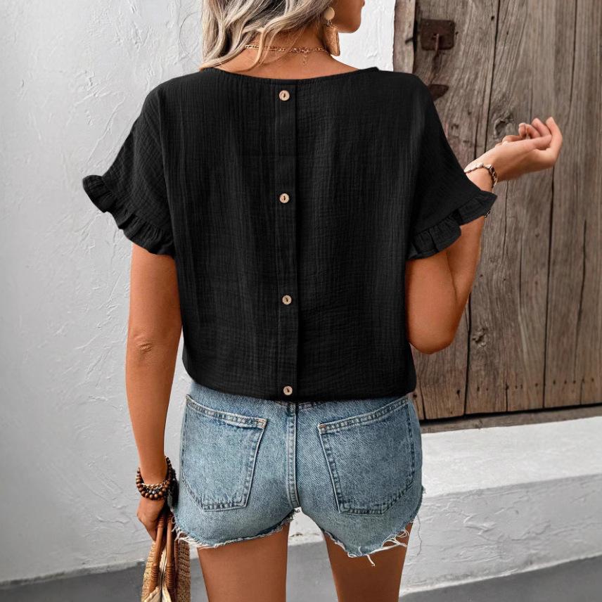 Women Summer Ruffles Short Sleeve O Neck Back Button Solid Color Pullover Shirt Top