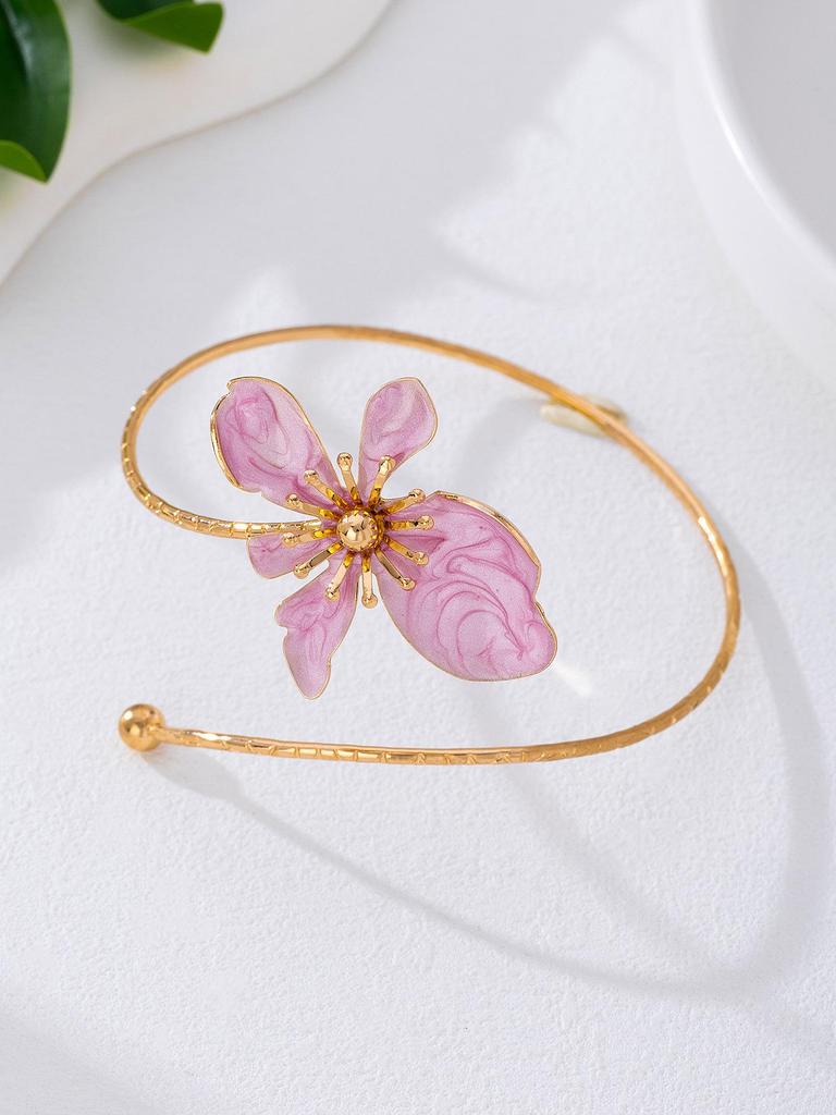 Elegant Gold Enamel Floral Open Armlet Bracelet for Women