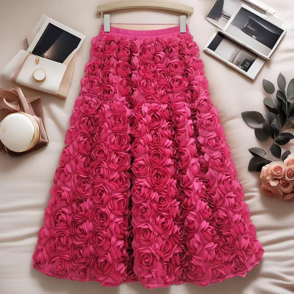 French A-Line High Waist Skirt with 3D Flowers - Spring/Winter Collection