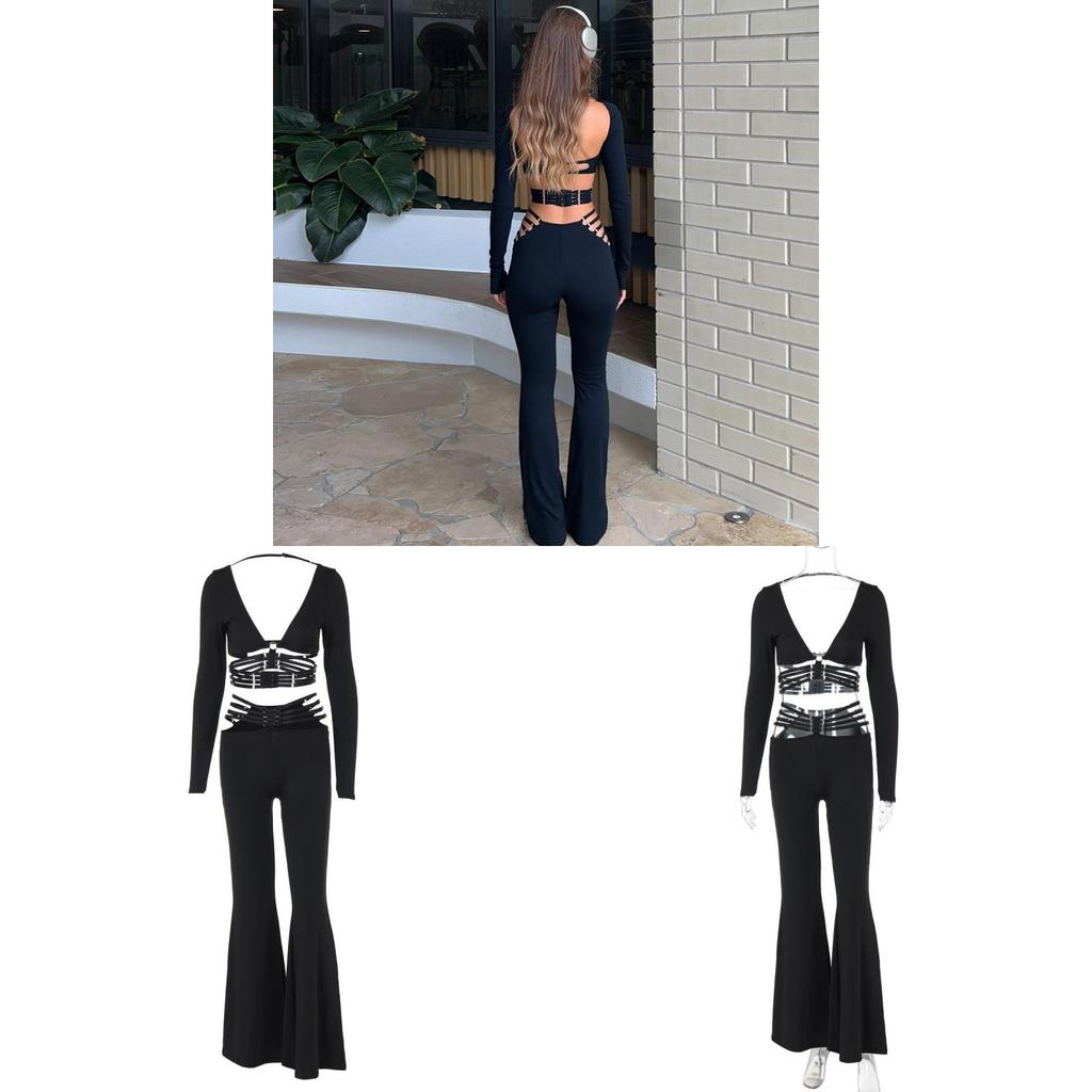 Black Summer Womens Fashion Set With Vneck Long Sleeve Top And Wide Leg Pants For Casual Wear