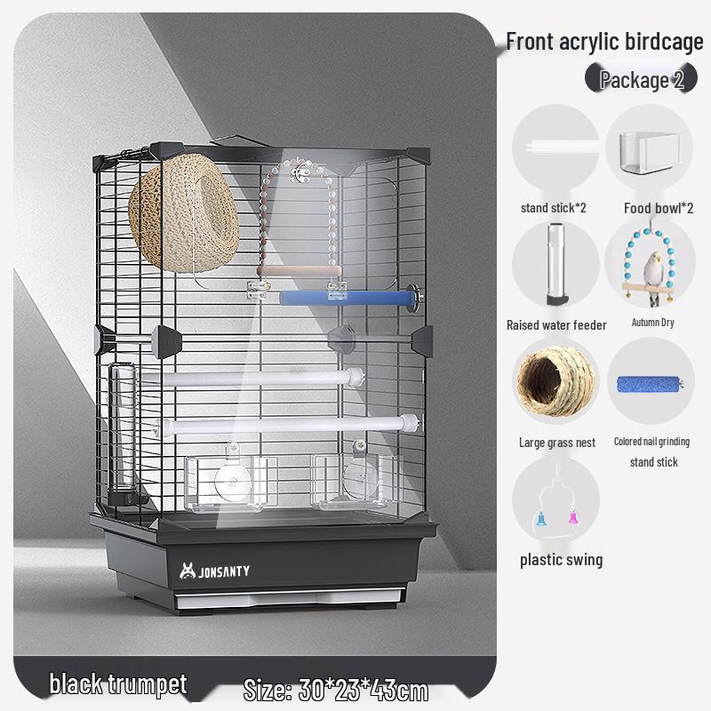 Großer Acryl-Vogelkäfig für Papageien, Nymphensittiche & Wellensittiche - Transparente Vorderseite mit Metallrahmen