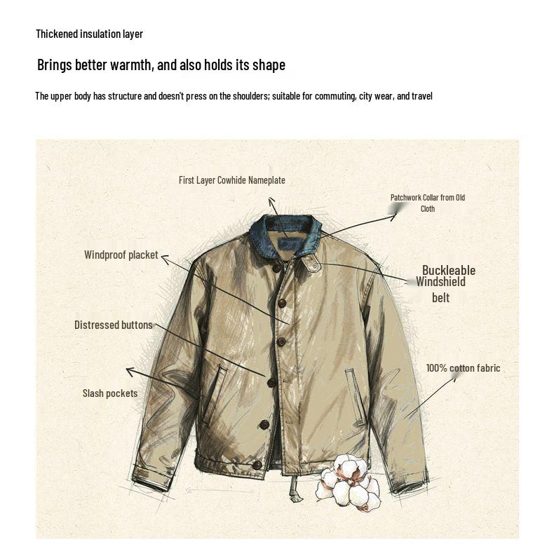 Maden Workwear Men's American Retro N1 Deck Jacket – Warm Stand Collar Cotton Jacket for Autumn and Winter