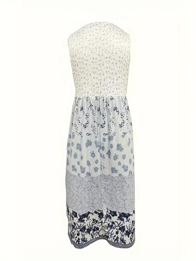 Dámské šaty v boho stylu, Dámské šaty s barevnými bloky, květinovým potiskem, kulatým výstřihem, vestou