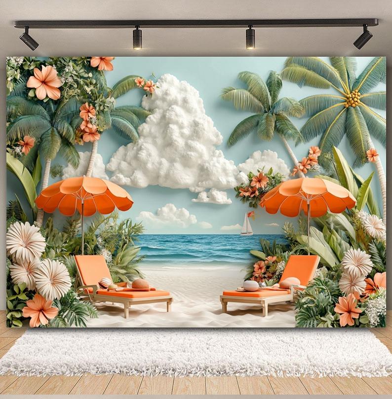 Summer Beach Backdrop Hawaii Tropical Seaside Sunshine Blue Sky Palm Tree Baby Birthday Holiday Party Photography Background