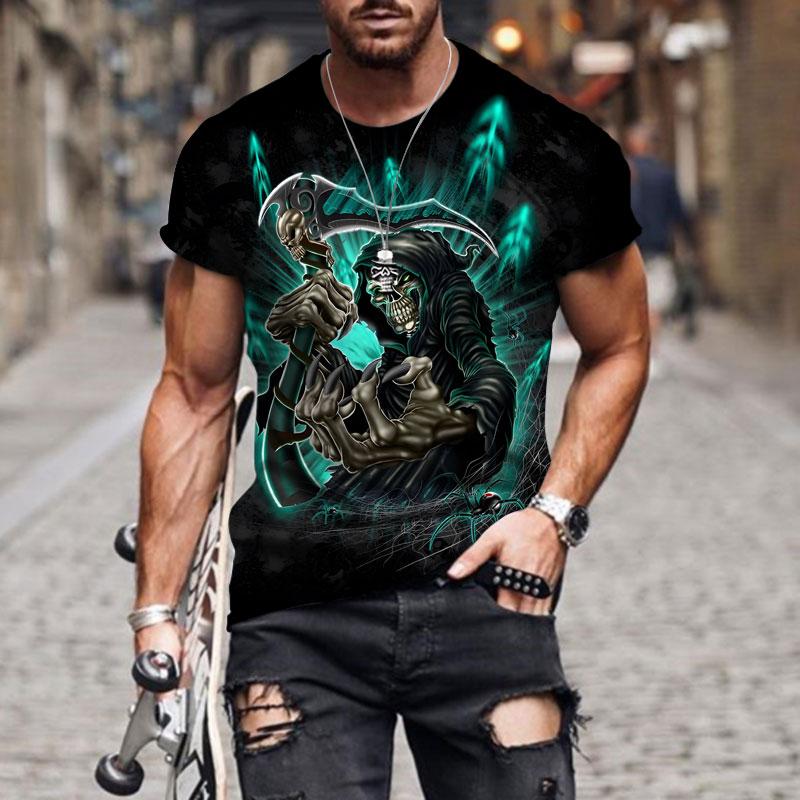 Černé tričko Lebka Pánské Punk Tričko Lebka Rock Gun Modré tričko Tričko s 3D potiskem Retro gotické pánské oblečení letní top