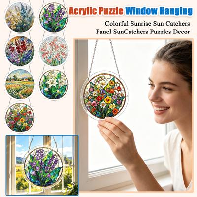 Round Acrylic Floral Suncatcher Window Hanging Ornament with Chain 10 Inch Diameter Stained Glass Style Garden Decoration