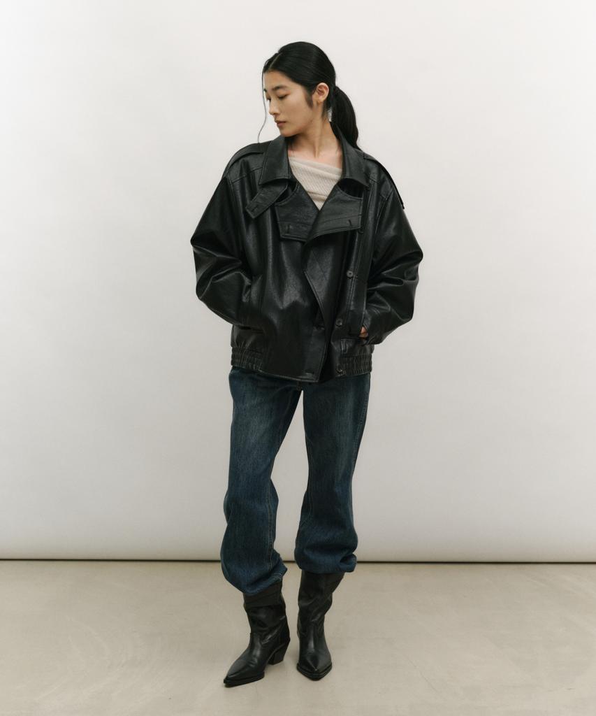 LOW TIDE High Neck Double Leather Jacket [Black]