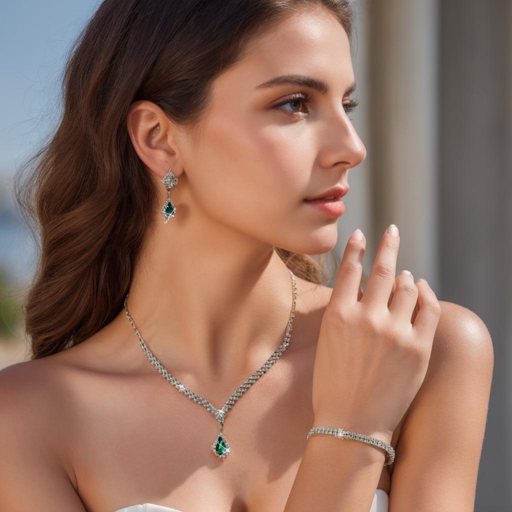Elegante Tropfen-Anhänger-Halskette & Ohrringe mit eingelegtem Diamanten - Exquisites Dreiteiliges Schmuckset