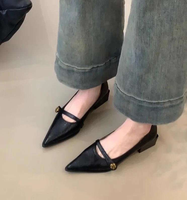 

Винтажные туфли на низком каблуке женская обувь 2025 весна и лето новая мода золотая пряжка остроносые на толстом каблуке маленькие кожаные туфли 35 чёрный
