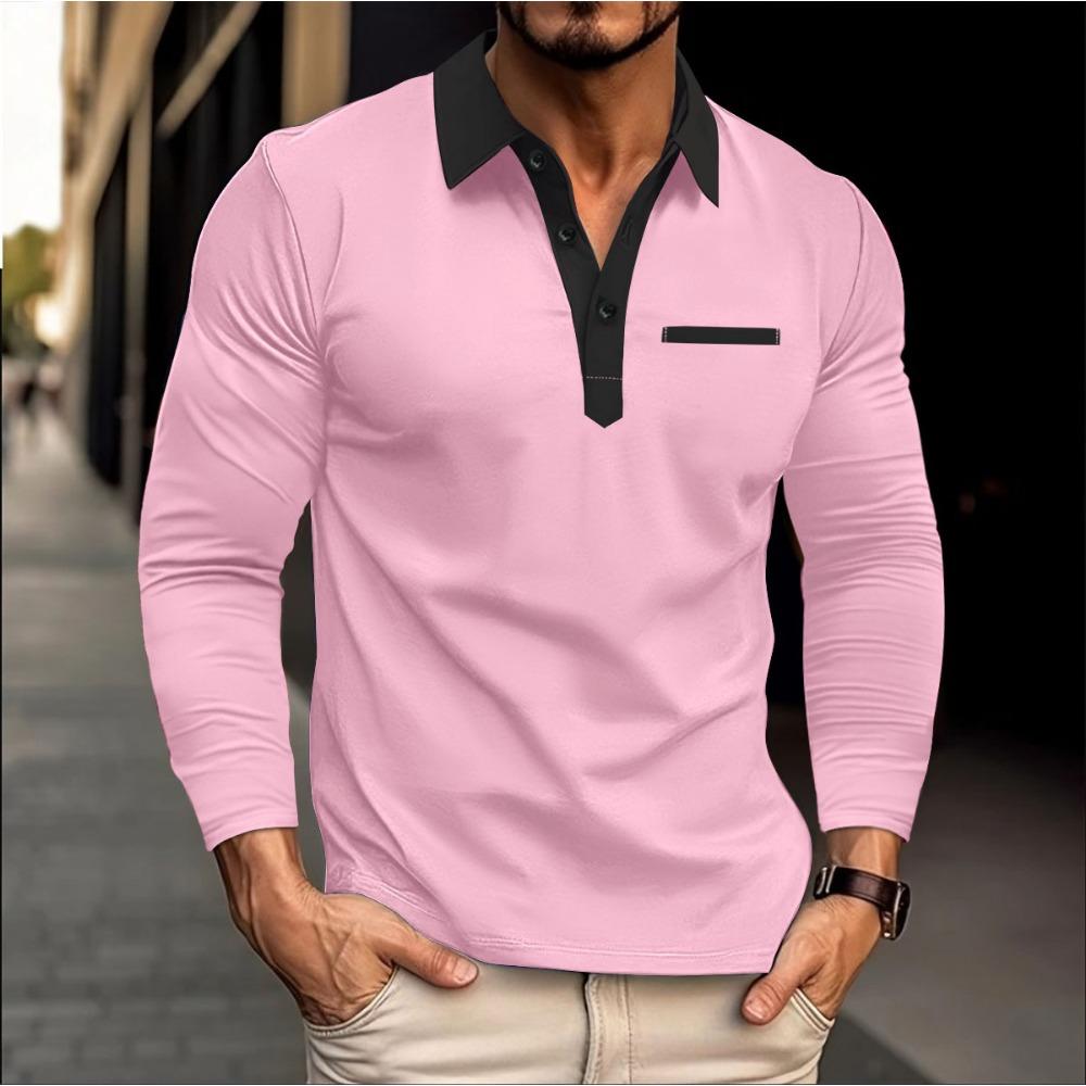 Men's Polo Shirt Button Solid Color Casual Long Sleeved T-shirt