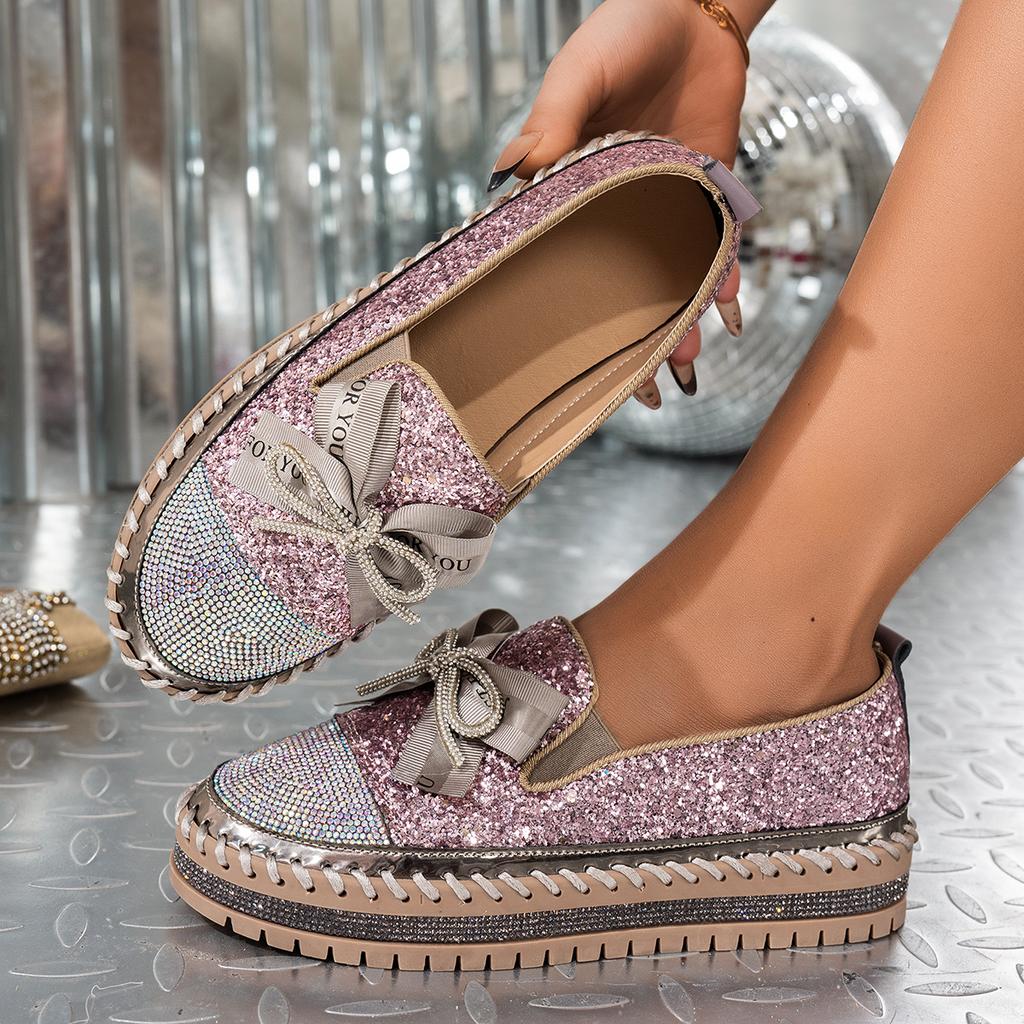 Fashion 2025 New Women Sneakers Couple Fashion Plus Size Sneakers Women Luxury Crystals Bowknot Loafers Sequined Flat Platform Shoes