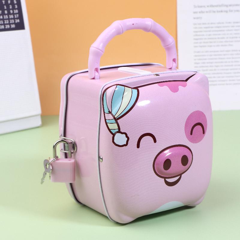 Cute Piggy Coin Bank with Lock - Metal Tin Piggy Bank