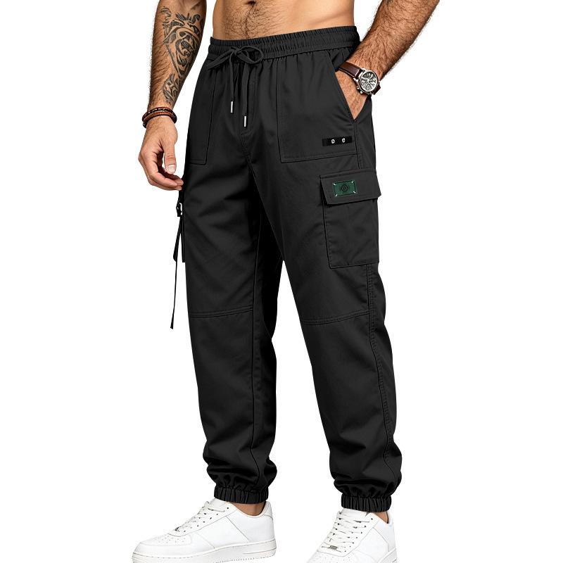 Men Drawstring Elastic Waist Jogger Cargo Pants, Multi Pockets Ribbon Decor Tapered Ankle Cuffs Casual Streetwear Utility Trousers Outdoor Daily Wear