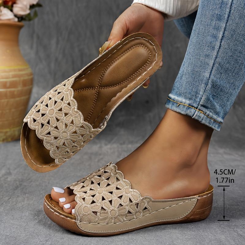 Women'S Elegant Floral Wedge Sandals - Lightweight, Comfortable Open-Toe Strappy Slippers with Mid Heel, Synthetic Upper