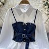 Koreanische Serie Tragen Alter-Reduzierung Set Retro Denim Cami Gestapelt Alle-Matching Puff Sleeve Shirts Zwei-stück Set Top