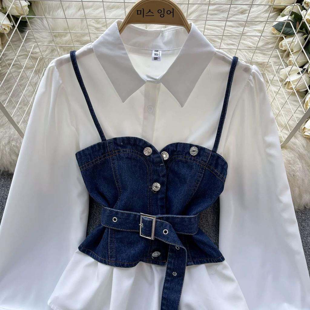 Koreanische Serie Tragen Alter-Reduzierung Set Retro Denim Cami Gestapelt Alle-Matching Puff Sleeve Shirts Zwei-stück Set Top