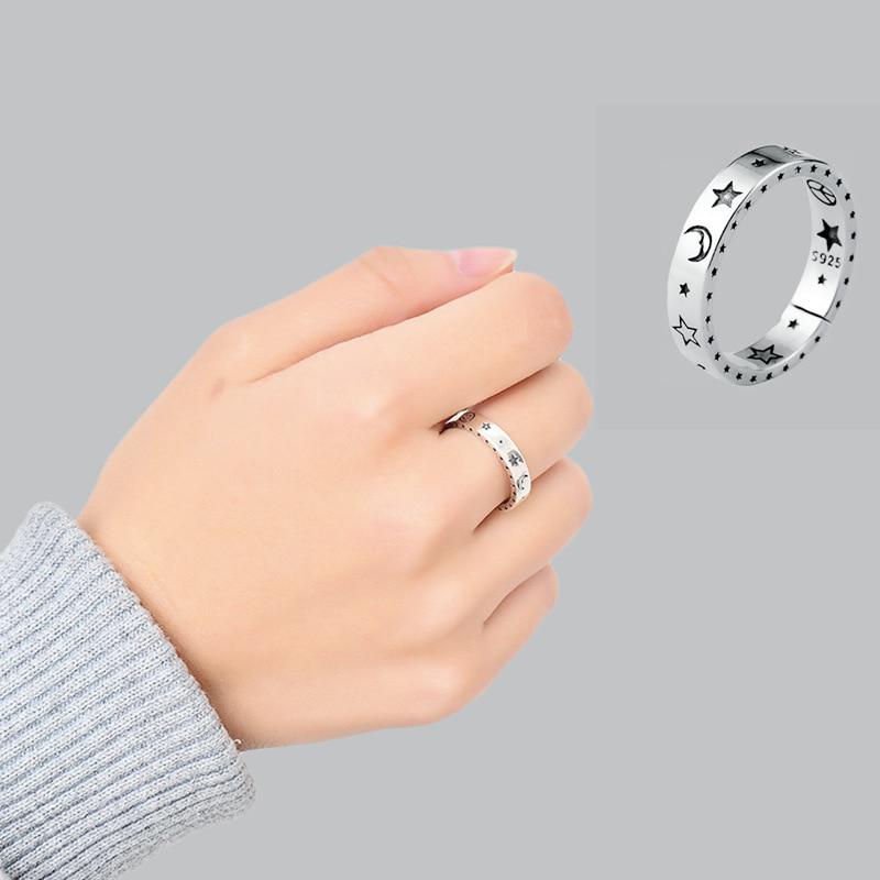 925 Sterling Silver Women Moon Star Open Ring Smiling Face Finger Rings Lady Vintage Fine Party Jewelry Gift