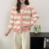 Autumn and winter v-neck striped sweater cardigan design sense casual color matching knitted jacket imitation mink soft waxy age-reducing top