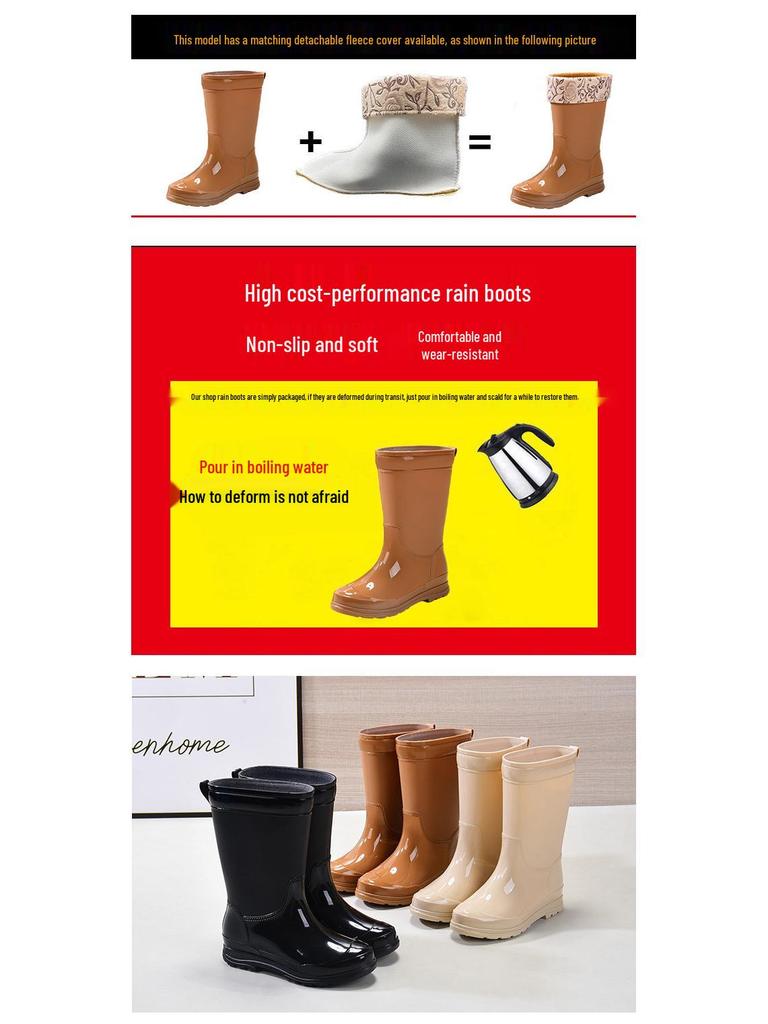 Women's Waterproof Thick-Soled Mid-Calf Rain Boots - Non-Slip, Wear-Resistant, Warm Rubber Shoes for Work and Wading.