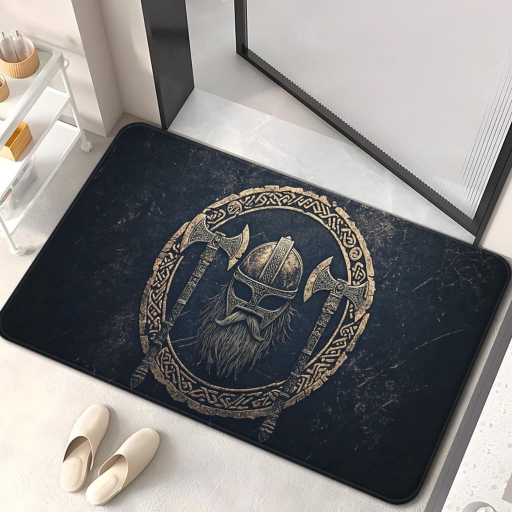 Viking warrior helmet axe design black door mat Nordic style anti slip entrance rug for home office decor
